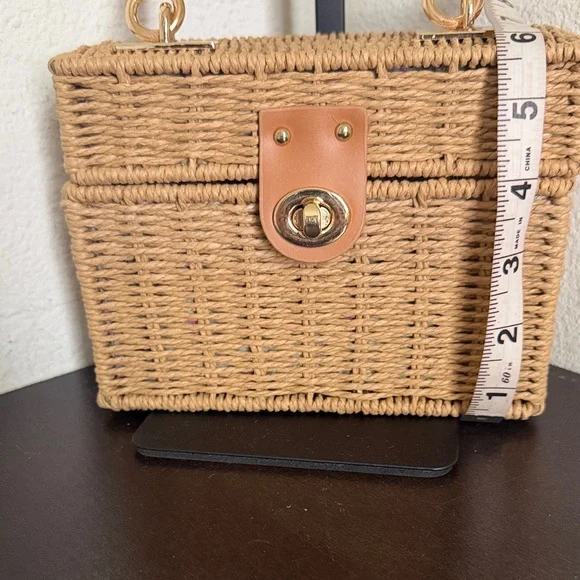 Urban Expressions Woven Mini Top-Handle Bag in Natural Tan with Gold Hardware. - Picture 9 of 11